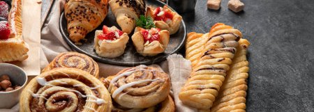 Photo for Sweet traditional pastry on dark background. Banner, copy space - Royalty Free Image
