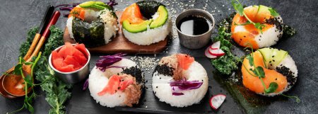 Sushi donuts on a dark background. Hybrid trend food. Panorama