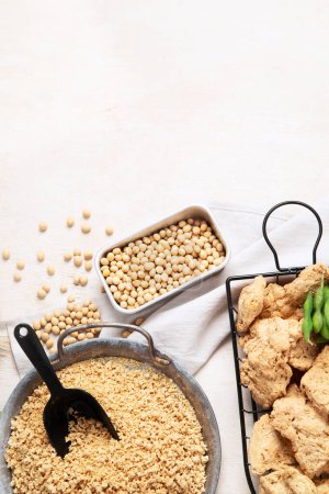 Foto de Comida vegana saludable. Carne de soja con frijoles sobre fondo blanco. Vista superior, espacio de copia - Imagen libre de derechos