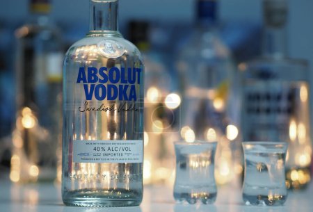 Photo for Passau, Germany - February 1, 2024: In this photoillustraition bottle of Absolut Vodka  in bar - Royalty Free Image