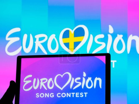 Photo for Germany - April 4, 2024: IIn this photo illustration,  Eurovision Song Contest 2024  logo seen displayed on a tablet - Royalty Free Image