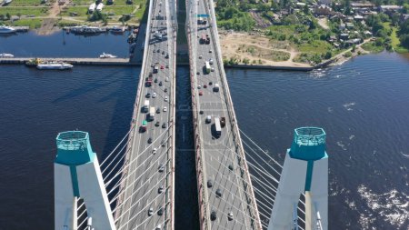 Aerial view of cable-stayed bridge with cars in St.Petersburg