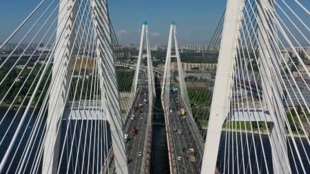 Aerial view of cable-stayed bridge with cars in St.Petersburg