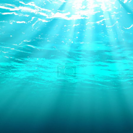 Piękna błękitna powierzchnia oceanu widziana spod wody z promieniami słonecznymi świecącymi przez nią. Streszczenie Fale fraktalne pod wodą