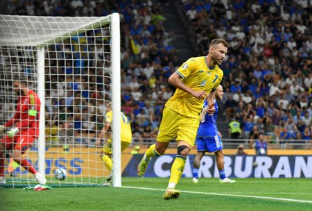 Photo for Milan, Italy - September 11, 2023: Andriy Yarmolenko of Ukraine reacts after scored a goal during the UEFA EURO 2024 Qualifying game Italy v Ukraine at Stadio San Siro in Milan. Ukraine lost 1-2 - Royalty Free Image