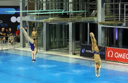 Photo for Berlin, Germany - March 22, 2024: Scarlett MEW JENSEN and Thomas DALEY of Great Britain perform during Mixed 3m & 10m Team Event Final of the World Aquatics Diving World Cup 2024 in Berlin, Germany - Royalty Free Image