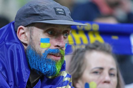 Téléchargez les photos : Wroclaw, Pologne - 26 mars 2024 : Portrait d'un supporter de football ukrainien avec barbe, coloré aux couleurs du drapeau national vu lors du match éliminatoire UEFA EURO 2024 Ukraine v Islande à Wroclaw - en image libre de droit