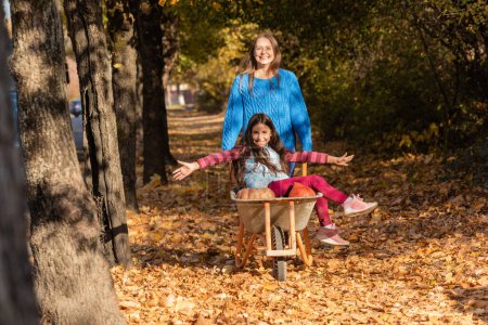Photo for Mother have fun time with kid, use garden wheelbarrow with pumpkins. Autumn, thankgiving time - Royalty Free Image