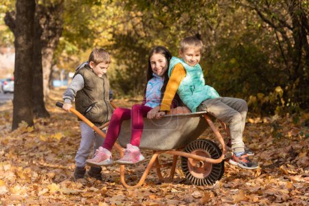 Photo for Kids have fun in the wheelbarrow with pumpkins, thenksgiving season - Royalty Free Image