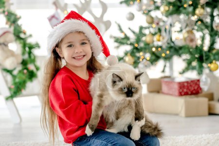 Téléchargez les photos : Enfant fille tenant ragdoll chat en période de Noël, regardant la caméra et souriant. Jolie enfant portant le chapeau de Père Noël avec animal domestique à la maison au Nouvel An - en image libre de droit