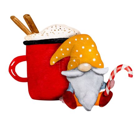 Nain de gnome de Noël mignon avec sucette et peinture à l'aquarelle festive au cacao pour carte postale. Dessin animé elfe avec bonbons traditionnels sucrés et boisson chaude art nouvelle année