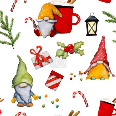 Nains de Noël mignons nains avec sucette, cacao et guirlande ensemble aquarelle festive pour carte postale. Dessin animé elfes avec gui et cadeaux nouvel an art
