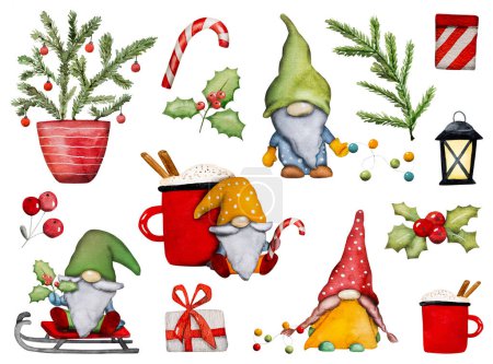 Cute Christmas gnomes dwarfs with lollipop, cocoa and garland festive watercolor set for postcard. Cartoon elfs with misletoe, xmas tree and gifts new year art