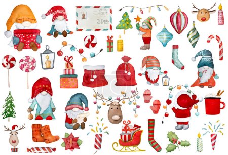 Foto de Navidad gnomos Santa Claus ayudantes invierno acuarela dibujos con calcetines de Navidad y regalos. Colección de enanos festivos de año nuevo con decoración tradicional - Imagen libre de derechos