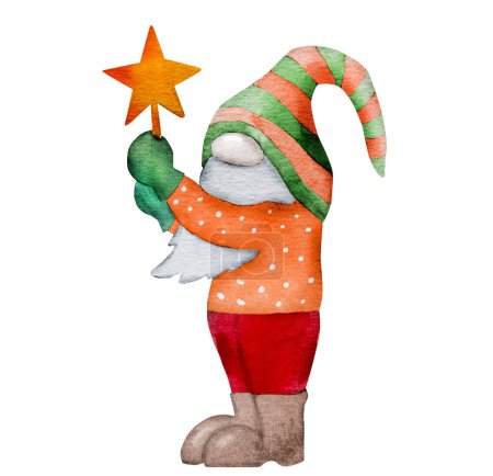 Foto de Navidad gnome Santa Claus ayudante con estrella de Navidad invierno watercoor dibujo. Año nuevo enano festivo con la decoración tradicional del árbol de vacaciones - Imagen libre de derechos