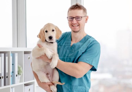 Photo for Handsome vet holding healthy young dog in clinic - Royalty Free Image
