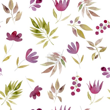 Photo for Watercolor botanical hand-drawn seamless pattern with flowers and plants. Aquarelle floral drawing for romantic and wedding postcards - Royalty Free Image