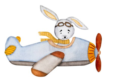 Photo for Cute bunny pilot flying in plane watercolor painting for postcard. Cartoon rabbit aquarelle drawing for children baby decoration - Royalty Free Image