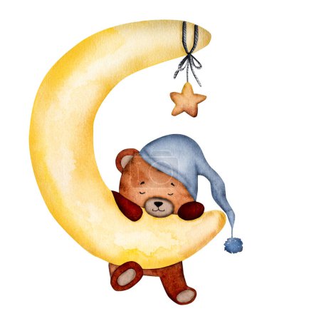 Téléchargez les photos : Ours en peluche mignon dormant sur la lune aquarelle peinture pour carte postale bébé enfant. dessin animé animal aquarelle doux rêves dessin pour la décoration des enfants - en image libre de droit