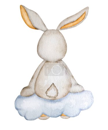Téléchargez les photos : Mignon lapin assis sur nuage aquarelle peinture pour bébé carte postale enfant, vue de dos. Dessin animé lapin avec conte drôle doux rêves aquarelle dessin pour enfants décoration - en image libre de droit