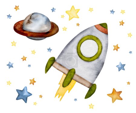 Niedliche Rakete mit Sternen und Planeten-Aquarell-Malerei für neugeborene Baby-Postkarten-Design. Raumschiff Aquarell im Universum
