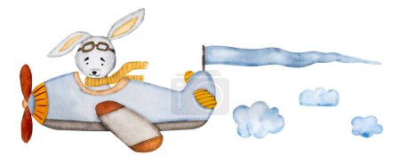 Téléchargez les photos : Pilote lapin mignon volant dans l'aquarelle avion peinture pour carte postale. dessin animé lapin aquarelle pour enfants décoration bébé - en image libre de droit