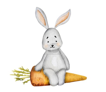 Foto de Lindo conejito con pintura de acuarela de zanahoria para postal infantil. Dibujos animados conejo con naranja dibujo acuarela vegetal para la decoración de los niños - Imagen libre de derechos