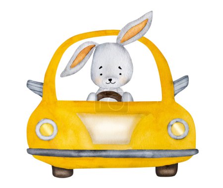 Foto de Lindo conductor de conejito en pintura de acuarela de coche naranja para postal. Dibujos animados conejo en el automóvil acuarela dibujo para niños decoración del bebé - Imagen libre de derechos