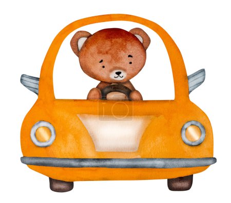 Téléchargez les photos : Conducteur d'ours en peluche mignon en peinture aquarelle de voiture orange pour carte postale. Dessin animé animal en automobile aquarelle dessin pour enfants bébé décoration - en image libre de droit