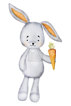 Cute bunny holding little carrot watercolor painting for baby child postcard. Cartoon rabbit with orange vegetable aquarelle drawing for children decoration