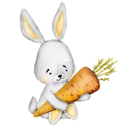 Téléchargez les photos : Mignon lapin tenant petite carotte aquarelle peinture pour bébé enfant carte postale. Dessin animé lapin aux légumes orange aquarelle pour la décoration des enfants - en image libre de droit