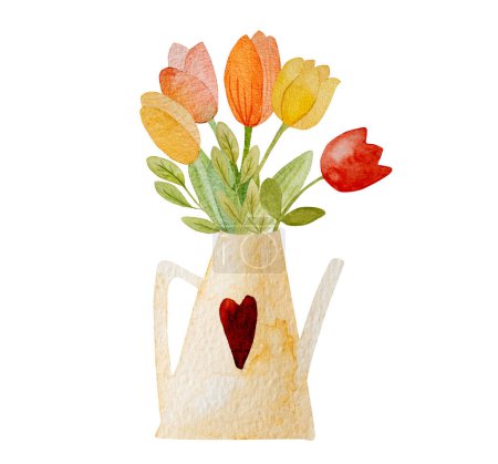 Téléchargez les photos : Bouquet de tulipes printanières en arrosoir aquarelle dessin pour carte postale. Belles fleurs d'été aquarelle peinture - en image libre de droit