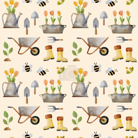 Photo for Spring watercolor set with tulip bouquet in rubber boot and trough, garden cart and tools seamless pattern. Cute aquarelle drawings collection with flowers and bird house - Royalty Free Image