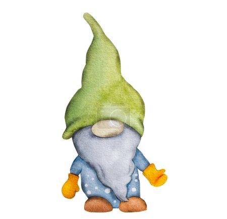Téléchargez les photos : Aquarelle dessinée à la main nain gnome sur fond blanc pour cartes postales. Mignon elfe troll portant chapeau aquarelle peinture - en image libre de droit