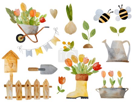 Photo for Spring watercolor set with tulip bouquet, garden tools and rubber boots. Cute aquarelle drawings collection with flowers, bee and bird house - Royalty Free Image