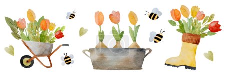 Téléchargez les photos : Ensemble aquarelle de printemps avec bouquet de tulipes, outils de jardin et bottes en caoutchouc. Mignon aquarelle collection de dessins avec fleurs, abeille et nichoir - en image libre de droit