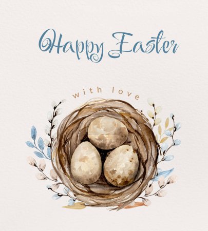 Téléchargez les photos : Easter watercolor painting with traditional eggs and nest on white background with greeting text. Festive spring religion aquarelle drawing postcard - en image libre de droit