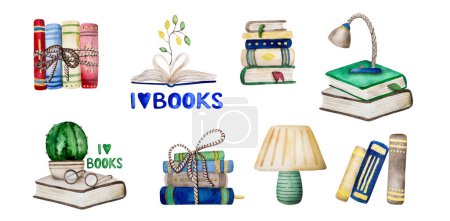 Foto de Watercolor books hand drawn painting collection with lamp, cactus and text I love books. Literature for reading with cute plant and glasses aquarelle illustration set - Imagen libre de derechos