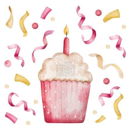 Téléchargez les photos : Happy Birthday pink cupcake for baby girl with candle watercolor illustration for postcard design. Muffin cake for family celebration aquarelle painting - en image libre de droit