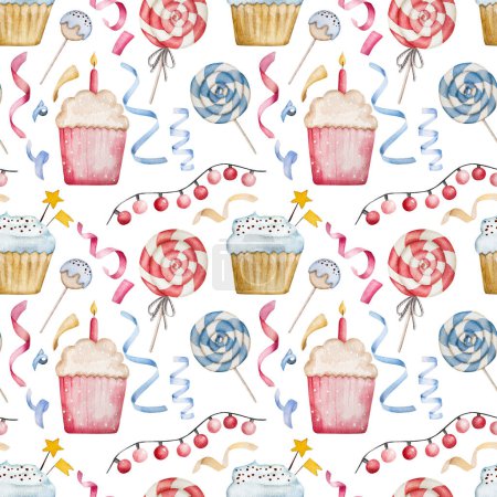 Téléchargez les photos : Happy Birthday cupcake for baby boy and girl with lolipop and candle watercolor seamless pattern. Muffin cake for family celebration aquarelle paintings set - en image libre de droit