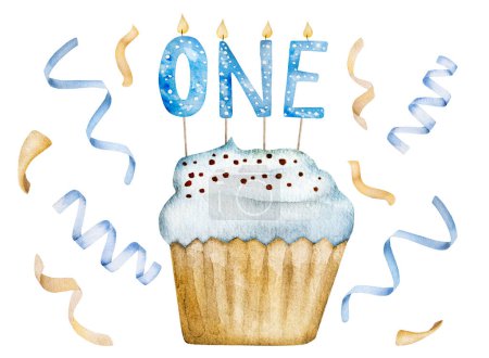 Téléchargez les photos : Happy Birthday cupcake for baby boy with candles and text one year watercolor illustration for postcard design. Blue muffin cake for family celebration aquarelle painting - en image libre de droit