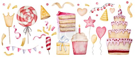 Téléchargez les photos : Happy Birthday cupcake and cake with lollipop for baby girl watercolor illustration collection for postcard design. Pink muffin and desert for family celebration aquarelle paintings set - en image libre de droit