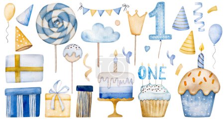 Photo for Happy Birthday cupcake and cake with lollipop and candle one year for baby boy watercolor illustration collection. Blue muffin and desert for family celebration aquarelle paintings set - Royalty Free Image