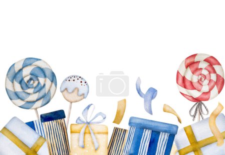 Téléchargez les photos : Gift box presents and lollipops for baby boy happy birthday celebration watercolor illustration. Blue color surprises for kid child aquarelle drawing - en image libre de droit