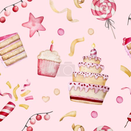Téléchargez les photos : Happy Birthday cupcake and cake with lollipop for baby girl watercolor illustration collection for postcard. Pink muffin and desert with candle for family celebration aquarelle set - en image libre de droit