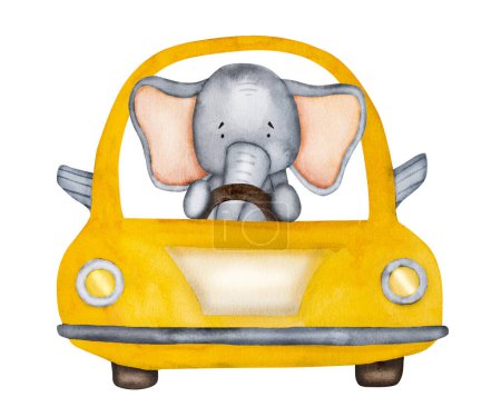 Foto de Lindo conductor de elefante en pintura de acuarela de coche naranja para postal. Dibujos animados animal con tronco en el automóvil acuarela dibujo para niños decoración del bebé - Imagen libre de derechos