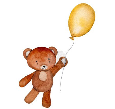 Foto de Lindo oso de peluche con pintura de acuarela de globo de aire naranja para la postal del bebé. Dibujos animados animal acuarela dibujo para la decoración de los niños - Imagen libre de derechos