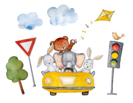 Téléchargez les photos : Caricature ours, éléphant et lapin en voiture jaune avec peinture à l'aquarelle oiseau et cerf-volant. Transport automobile avec animaux mignons, feux de circulation et arbres aquarelle illustration de voyage - en image libre de droit