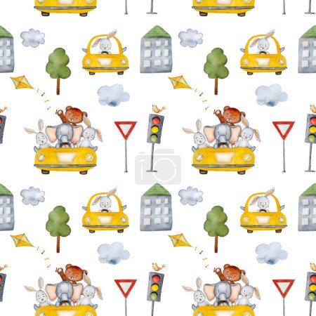Téléchargez les photos : Cartoon bear, elephant and bunny in yellow car and buildings watercolor seamless pattern. Automobile transportation with cute animals, traffic lights and trees aquarelle travel illustration - en image libre de droit