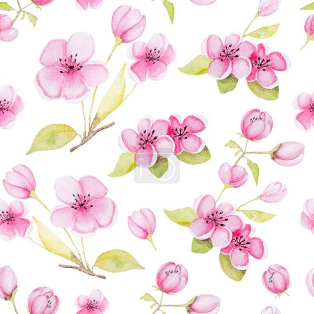 Foto de Floral watercolor spring painting for postcard design and decoration semless pattern. Pink flowers on white background in aquarelle drawing - Imagen libre de derechos